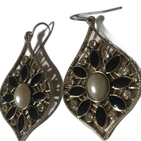 Pearl, Rhinestone, Black Onyx Earrings - Picture 1 of 3